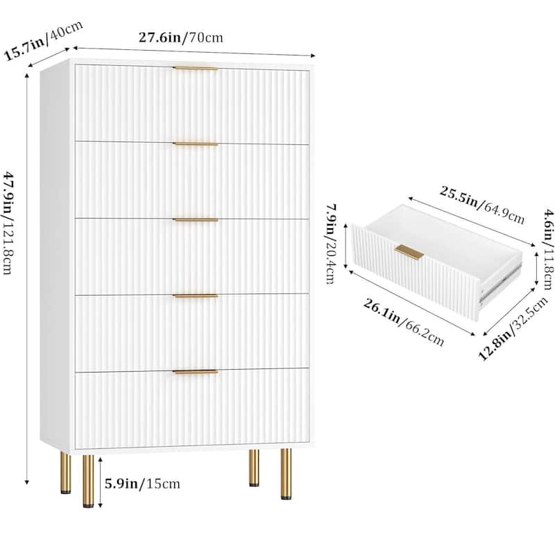 Fluted Chest 5 Drawers Dresser for Bedroom Closet Living Room Hallway