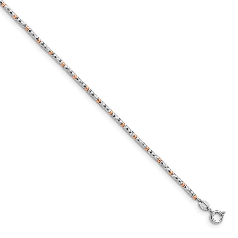Curata 925 Sterling Silver Beaded Polished Spring Ring Rose Plated Sparkle Cut Anklet With 1inch Ext. 9 Inch