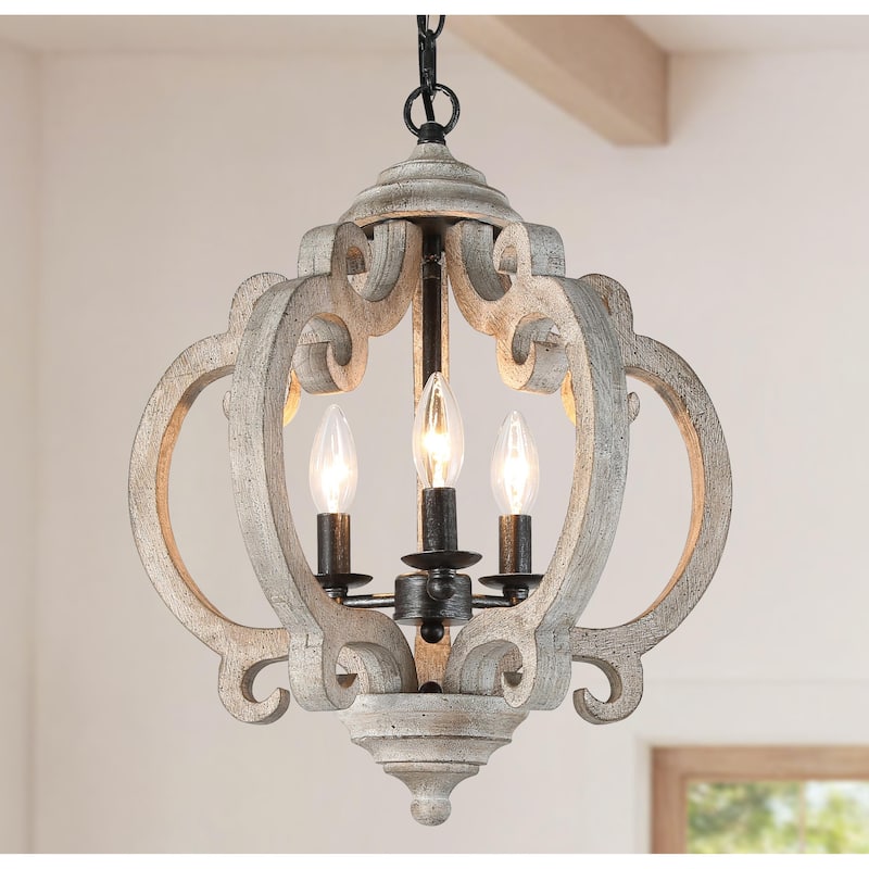 Azizon Farmhouse 3-Light Lantern Chandelier Wood Pendant Lights for Kitchen Island - 15.5"D x 19"H