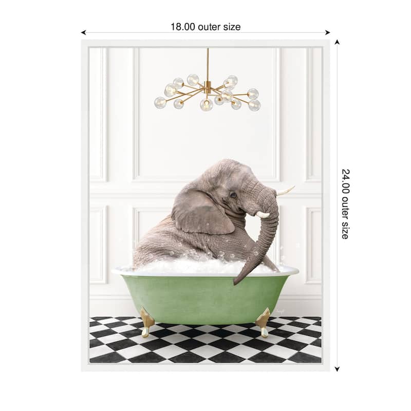 Kate and Laurel Sylvie Young Elephant in Green Bathtub Checker Floor Framed Canvas by Amy Peterson