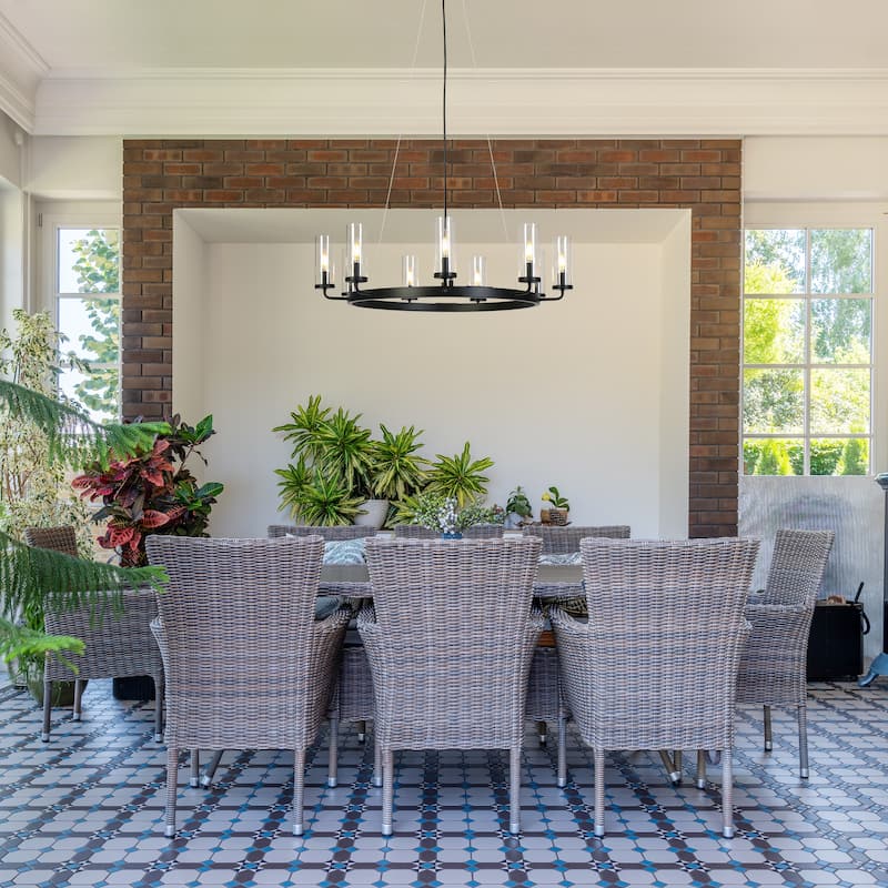 Modern Farmhouse 9-Light Black Wheel Chandelier Glass Metal Ceiling Lights for Dining Living Room - D31" x H8.7"