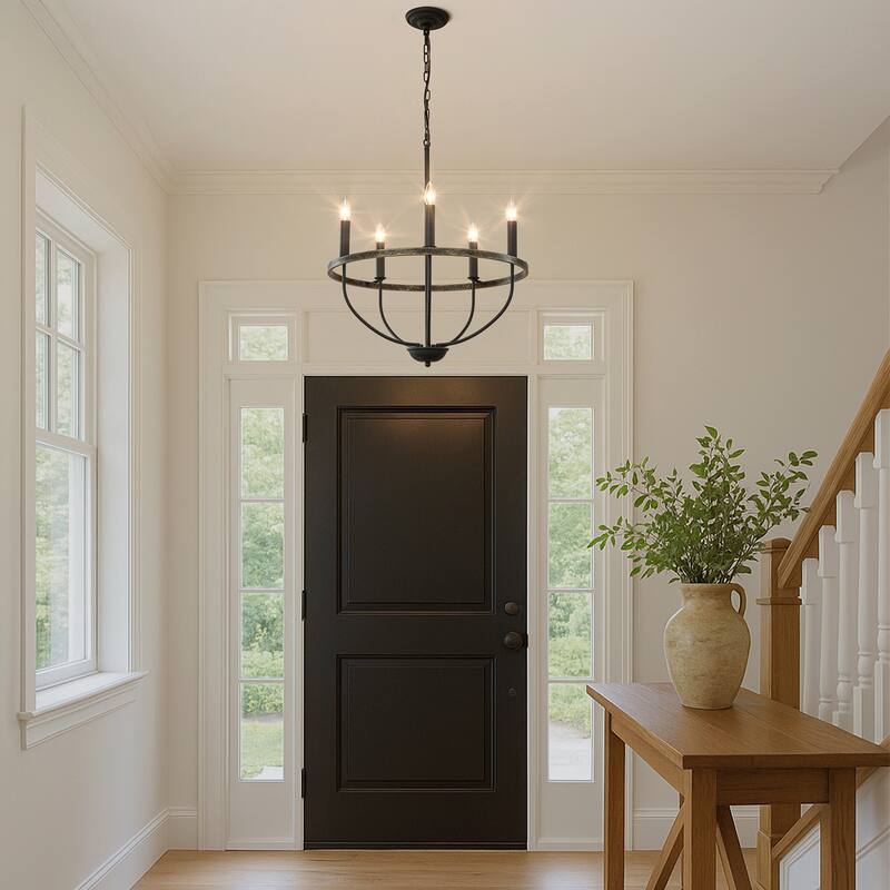 26'' 5-Light Modern Matt Black Classic Candelabra Chandelier Industrial Candle Pendant Light For Living Room Dining Room - W24''