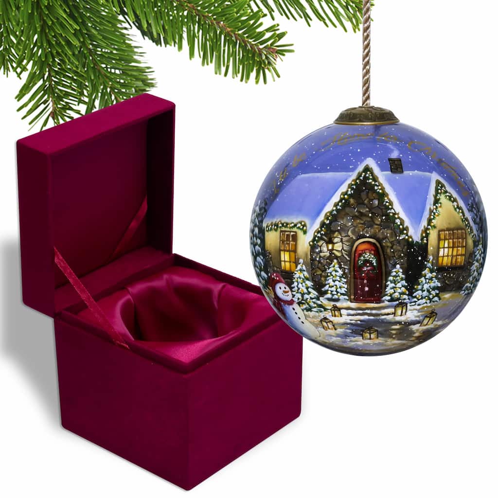 Home for Christmas Hand Painted Mouth Blown Glass Ornament - 4" x 4" x 4"