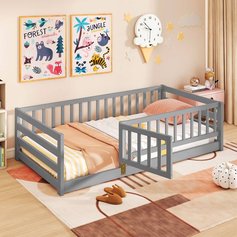Gymax Twin Size Floor Bed w/High Fence & Door Safety Guardrails Wood