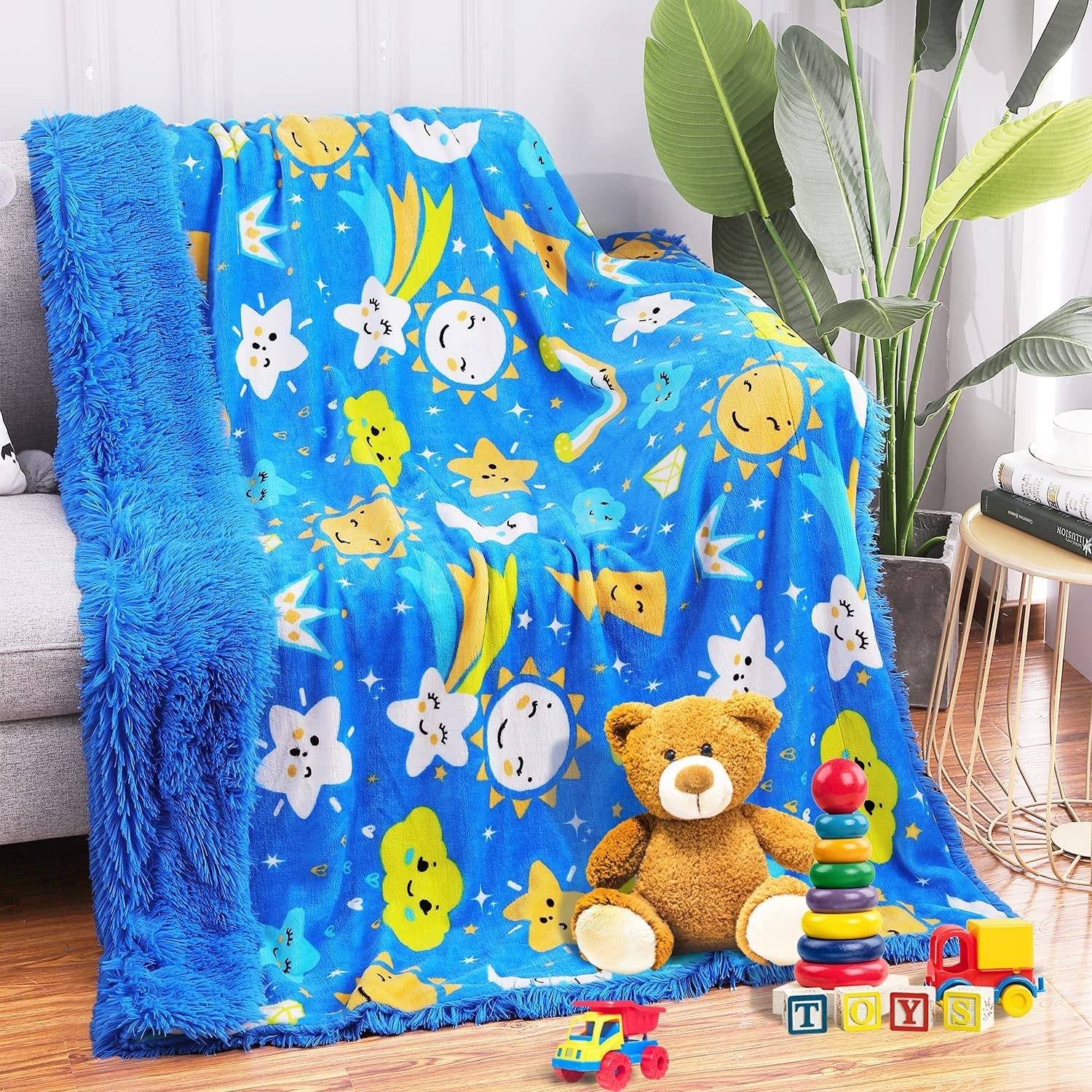 Kids Throw Blankets for Boys Plush Cartoon Pattern Fleece Blanket White