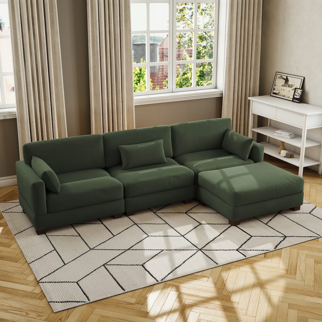 Corduroy Modular Sectional Sofa with Ottoman and Pillows