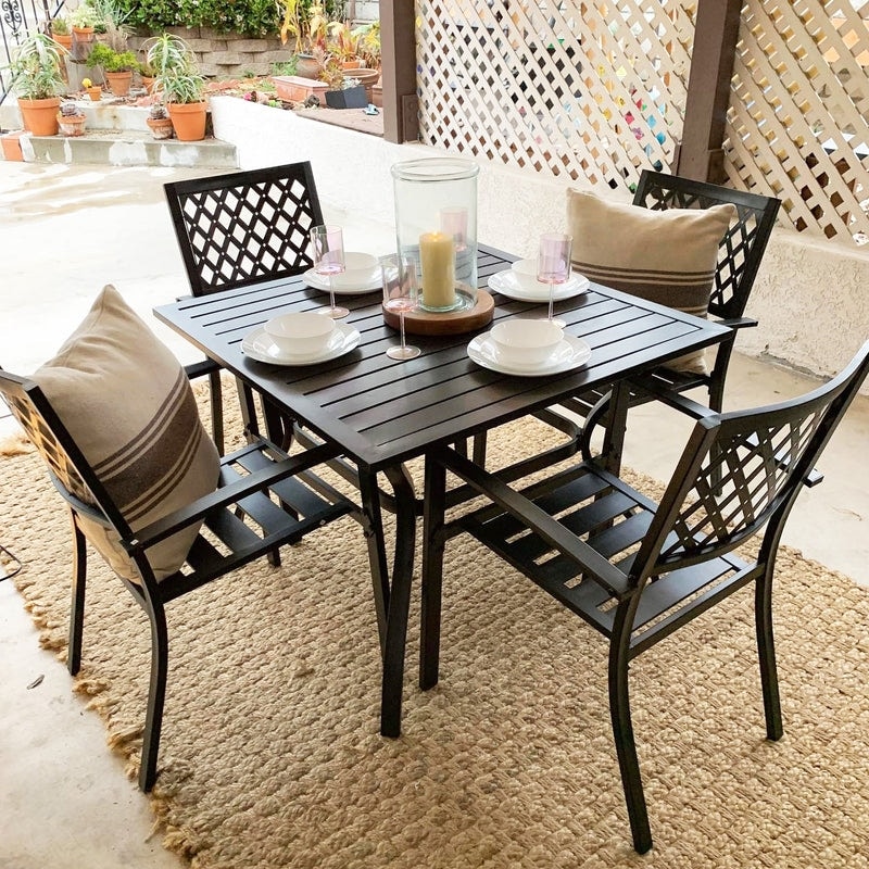 5 Piece Outdoor Bistro Dining Set Backyard Square Metal Dining Table and 4 Stackable Patio Chairs for Garden 