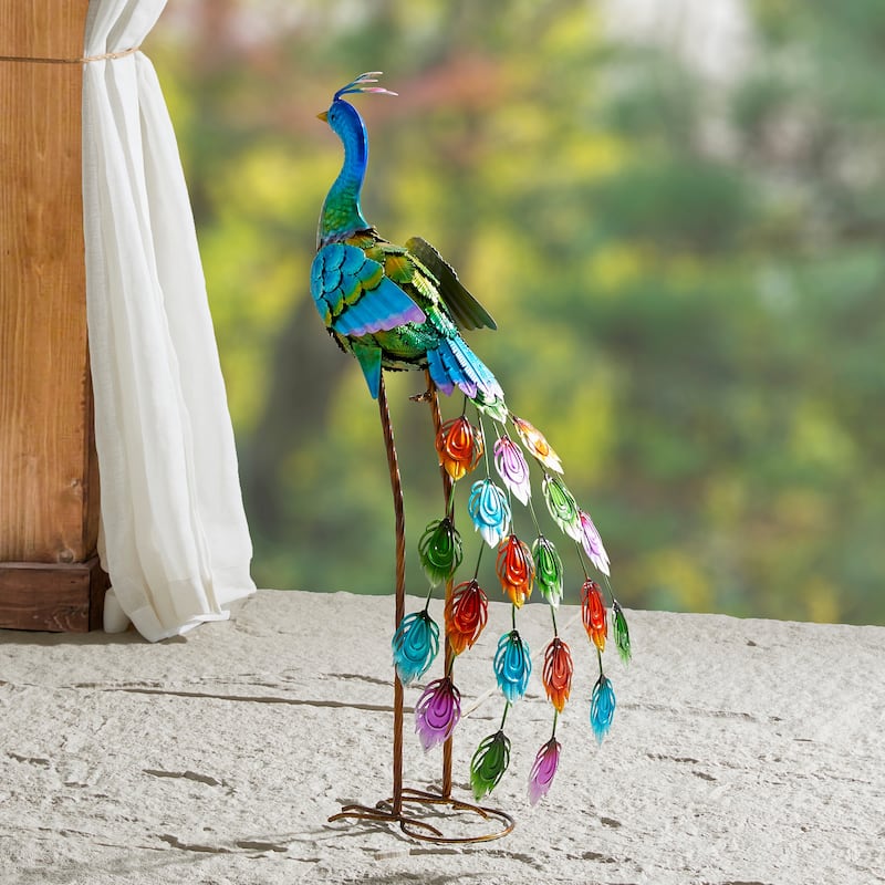 Glitzhome Metal Standing Peacock Garden Statue with Stakes for Indoor Outdoor