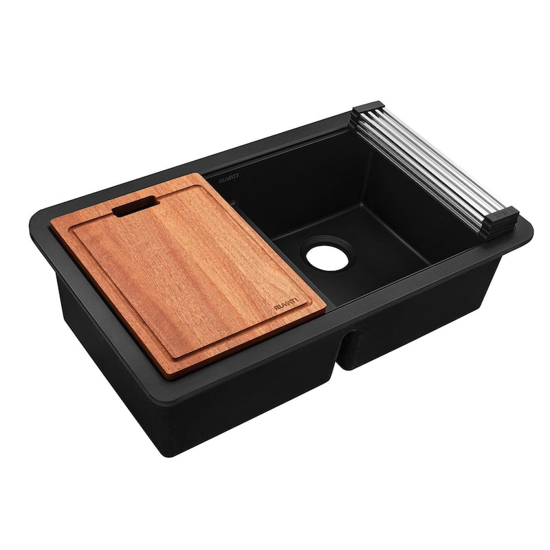 Ruvati 32-inch Undermount Workstation Granite Composite Quartz Kitchen Sink 50/50 Double Bowl - Midnight Black - RVG2343BK