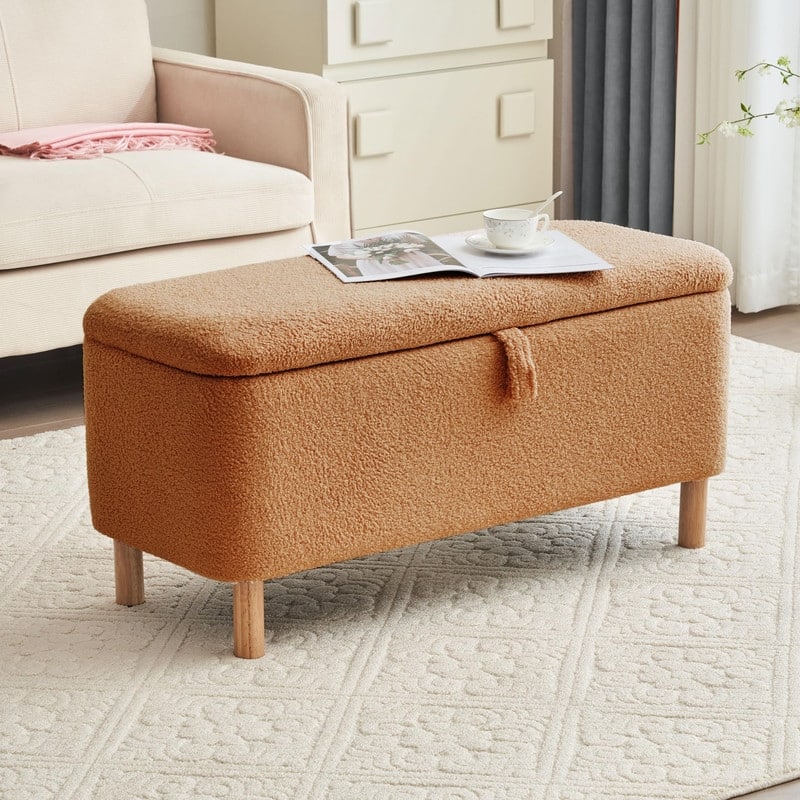 39.5" Off White Boucle Storage Ottoman Bench Sherpa Storage Bench Ottoman Foot Rest End of Bed for Living Room Bedroom,Wood Leg
