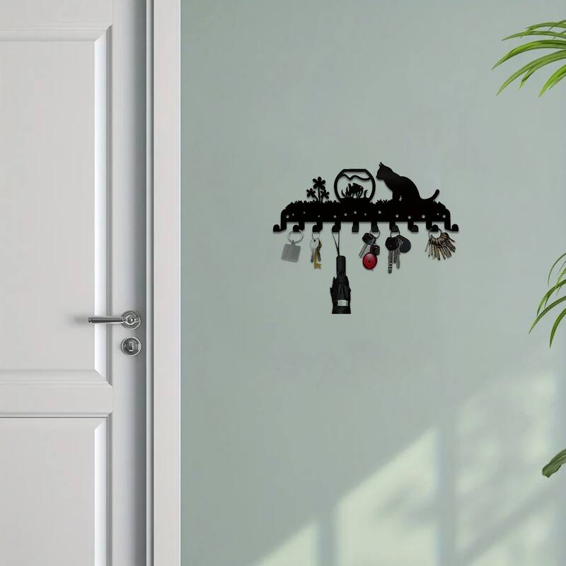 Adorable Kitty Black Iron Wall Mounted Rack with 10 Hooks for Entryway or Bedroom - 13.78”L x 5.51”H