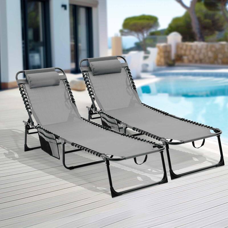 Folding Chaise Lounge Pool Chair Set of 2, Patio Sun Tanning Chair, Outdoor Lounge Chair with 4-Position Reclining Back - Black+ Gray