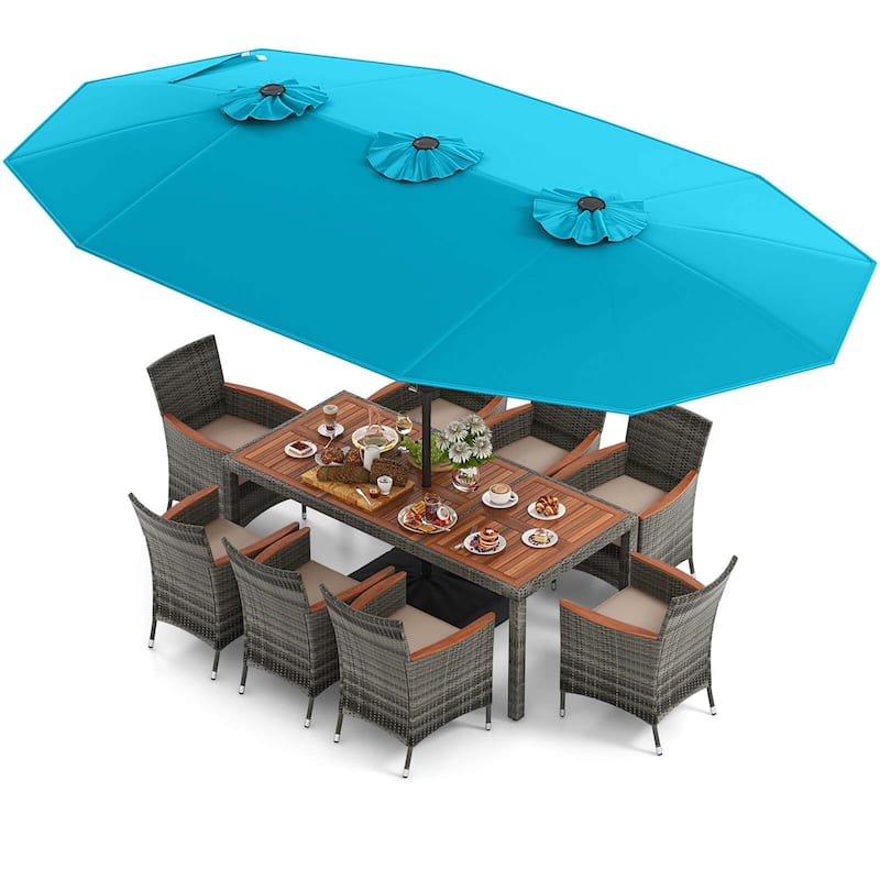 10 PCS Patio Wicker Dining Set Outdoor Furniture Set w/ Umbrella - Turquoise