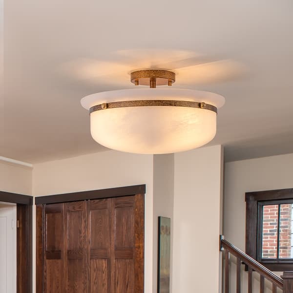 slide 2 of 12, 15'' W 3-Light Frosted Opal Glass Semi Flush Mount Gold