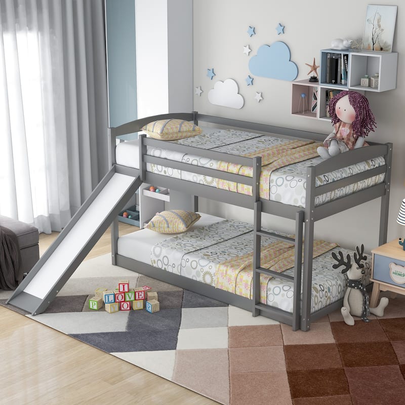 Convertible Twin Bunk Bed with Slide and Ladder, Gray