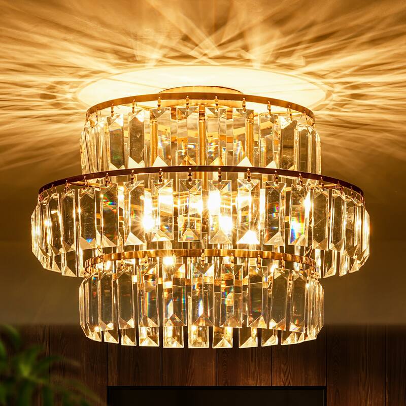 4-Light Modern 3-Tier Crystal Flush Mount Ceiling Light - Glamorous Metal Ring Ceiling Fixture for Bedroom