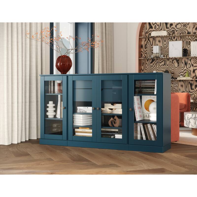 Palace Imports 100% Solid Wood 65" Sideboard with Clear Glass Doors, 2-Drawers and Adjustable Shelves - Teal Blue
