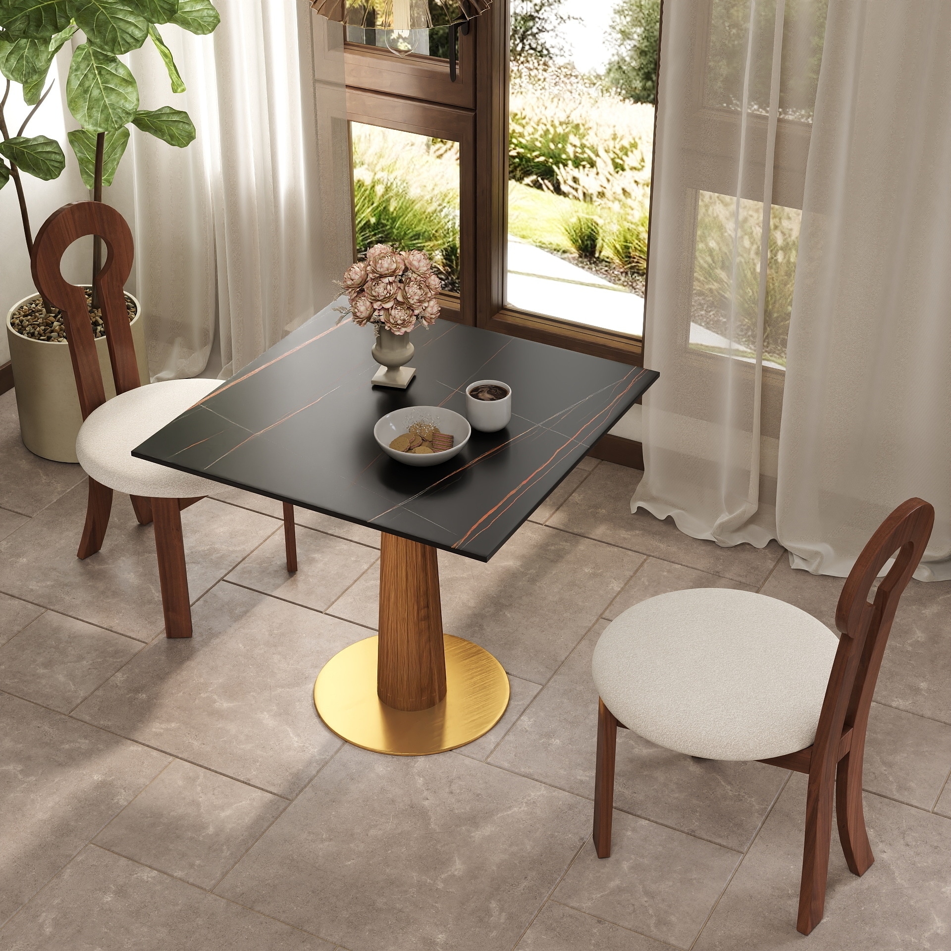 33" Retro Square Side Table, Glass & Sintered Stone Tabletop Dining Table with Solid Wood Pedestal