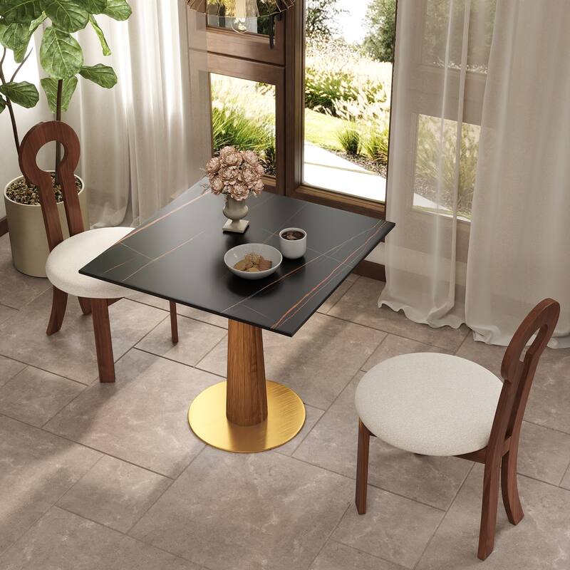 33" Retro Square Side Table, Glass & Sintered Stone Tabletop Dining Table with Solid Wood Pedestal - Marble Tabletop-Black