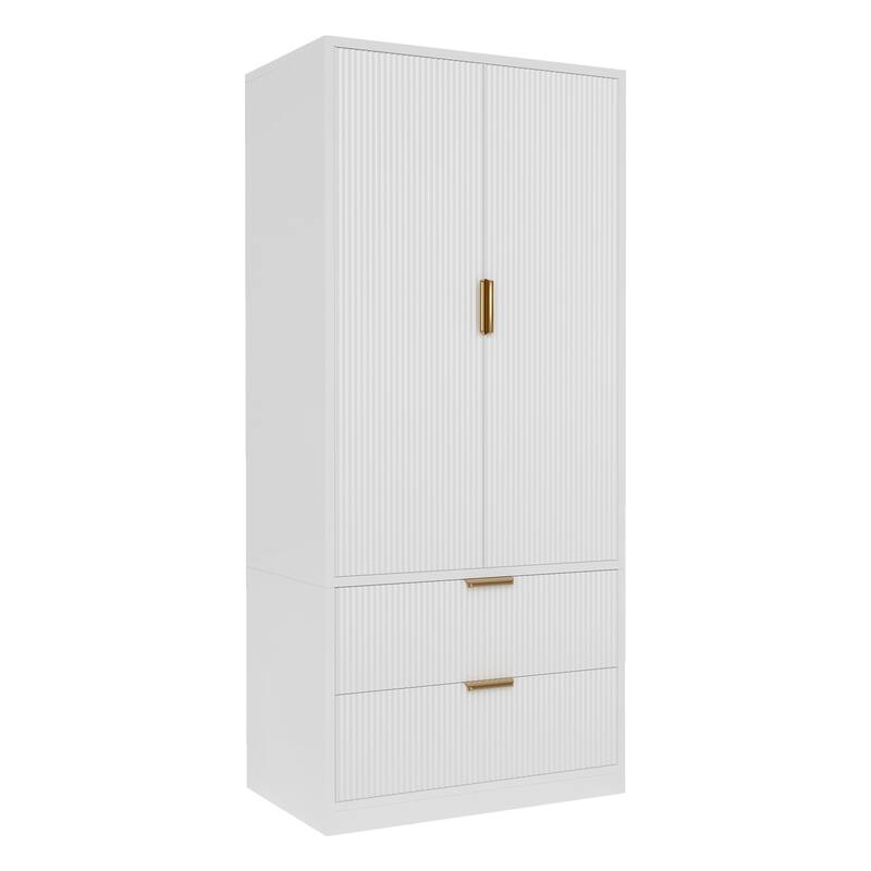 Meyreso Fluted Armoire Wardrobe Closet Storage Cabinet with 2 Doors & 2 Drawers - N/A
