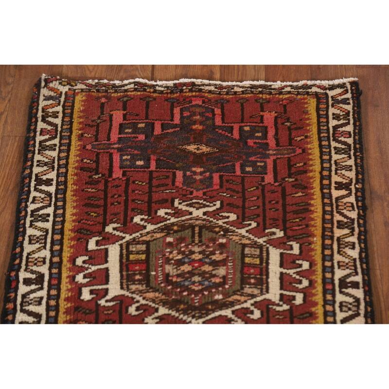 Red Gharajeh Persian Vintage Runner Rug Handmade Wool Carpet - 1'11"x 4'11"
