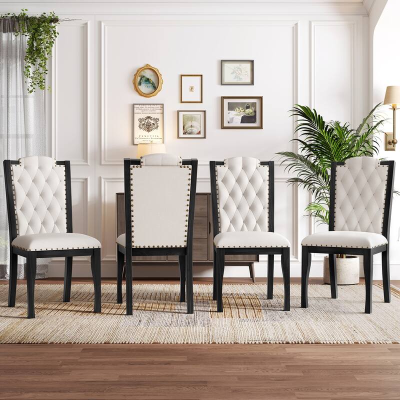 Roomfitters Upholstered Dining Chairs Set of 4, High Back Tufted Kitchen Chairs with Solid Wood Legs & Nailhead Trim - Beige+Black