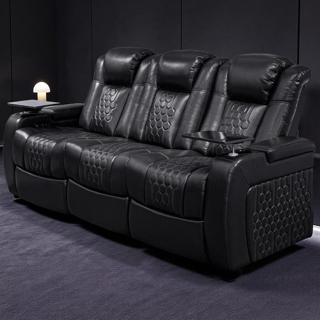 Roomfitters 86.6" Power Recliner 3-Piece Set, Top-Grain Nappa Leather, 12-Color RGB LED & USB-C Charging, Black