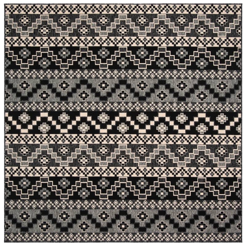 SAFAVIEH Veranda Rudy Indoor/ Outdoor Waterproof Patio Backyard Rug - 6'7" Square - Black/Beige