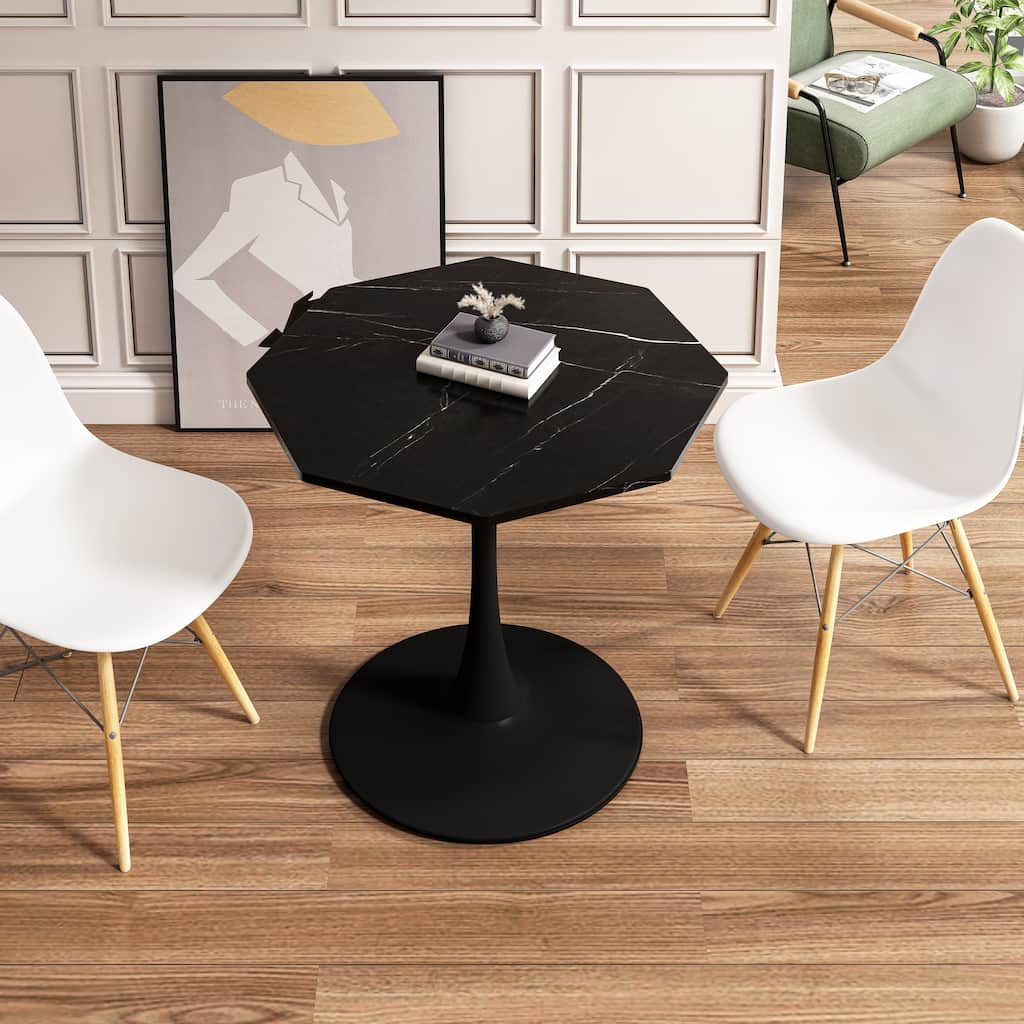 31.50"Modern Octagonal Coffee Table with Printed Marble Table Top,Metal Base, for Dining Room, Kitchen, Living Room
