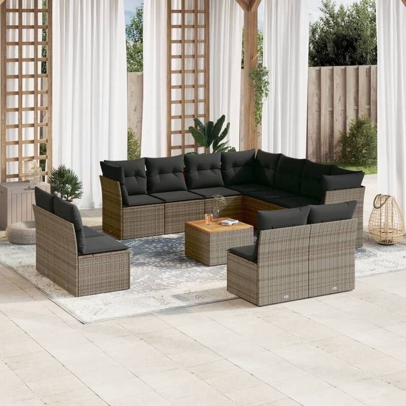 vidaXL Patio Sofa Set with Cushions Outdoor Furniture 12 Piece Poly Rattan - 24.4 x 24.4 x 27.2 - Grey