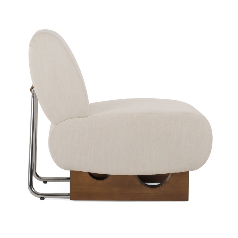 Cid Bob 29 Inch Accent Chair, Off White Fabric, Curved Back, Brown Wood