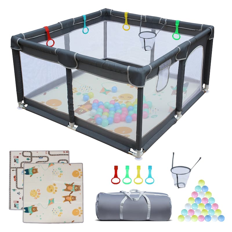 47" * 47" Baby Playard Cloth Playpen Removable Enclosures For Indoor And Outdoor Use Care For Children And Pets - Grey-Black