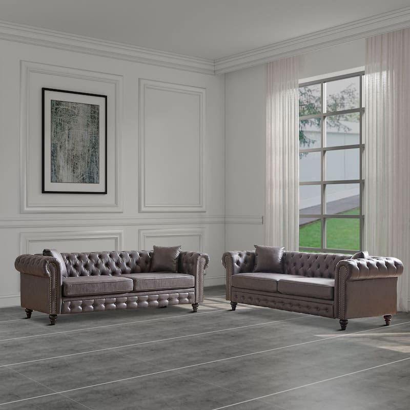 Mid-century retro style 2-piece sofa set for living room mall parlor - Grey 3 Seater Sofa+Grey 3 Seater Sofa