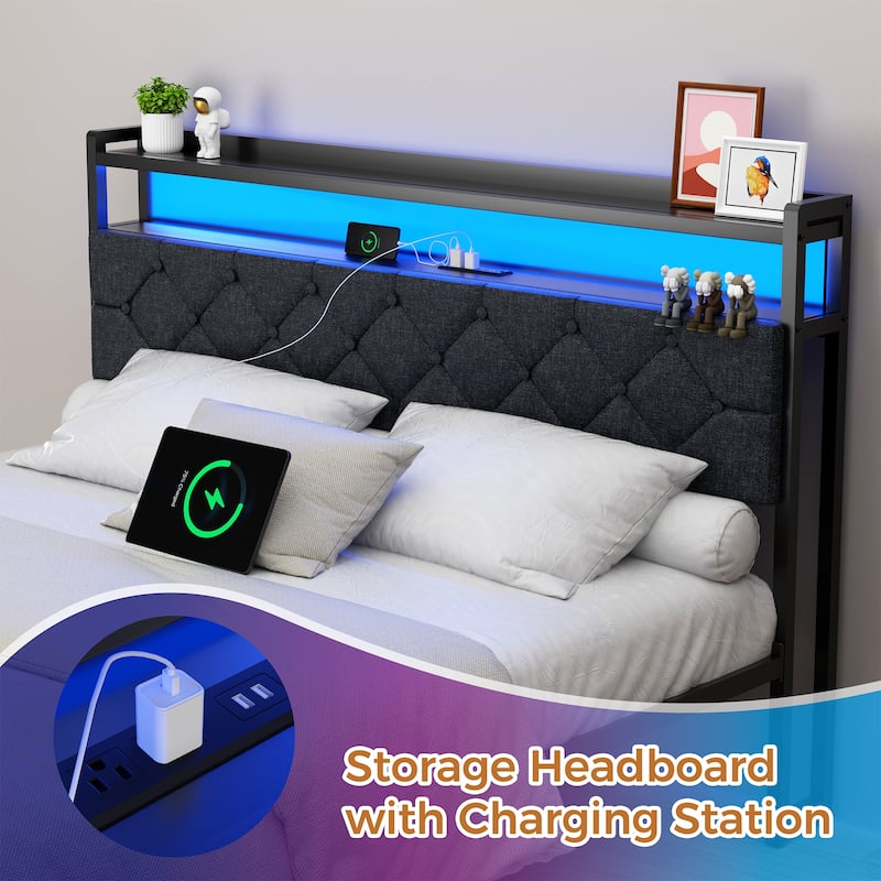 Queen Size Metal Bed Frame with LED Headboard & USB Ports