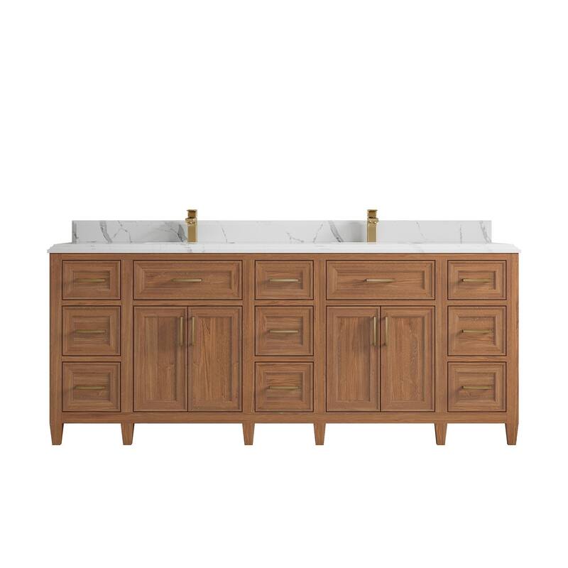 Willow Collections 84 in. W x 22 in. D Santa Monica Teak Double Sink Bathroom Vanity with Countertop - 1.5”Calacatta Laza - Dark Natural