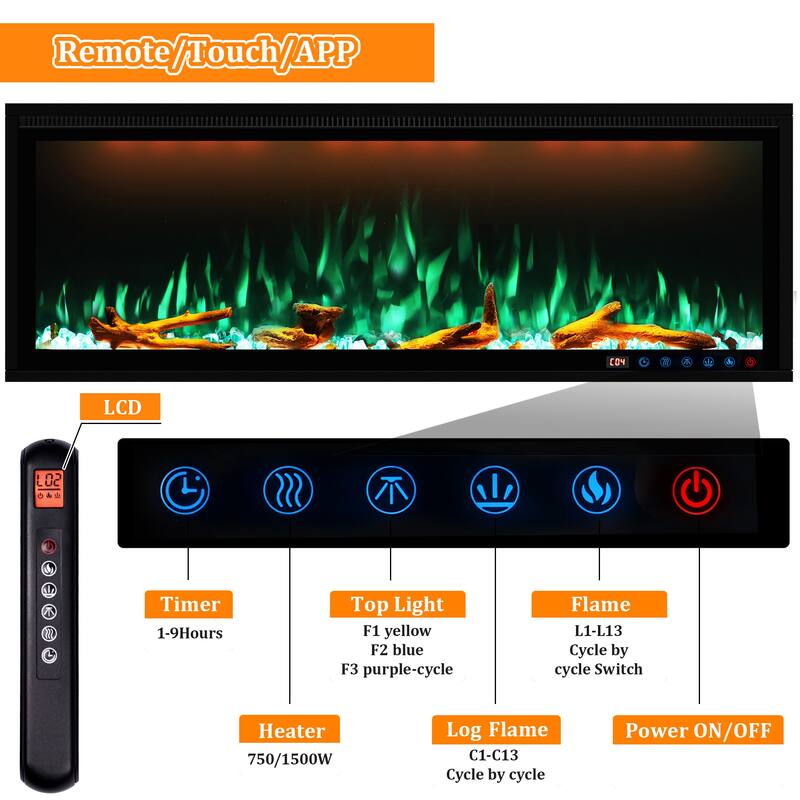 Smart 60” WiFi-Enabled Electric Fireplace, in-Wall Recessed