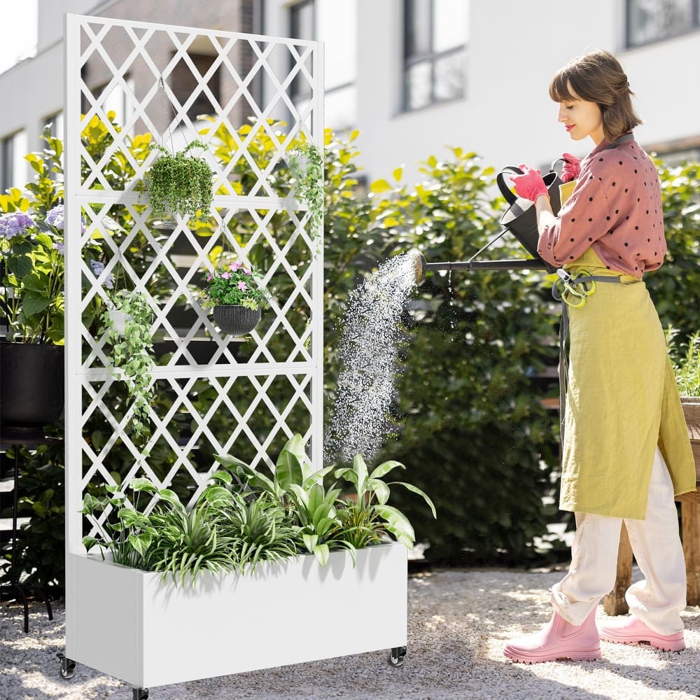 Raised Garden Bed Planter with Trellis Movable Planter Box with Lockable Wheels - 71*35