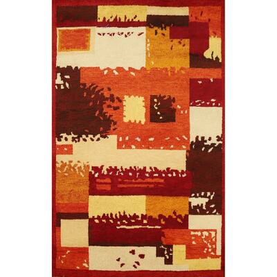 Hand Knotted Oriental 100% Wool Carpet Modern Geometric Oranges & Rust Gabbeh Area Rug - 7' 4'' X 5' 0''