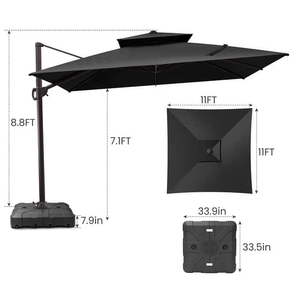 dimension image slide 6 of 9, 11 x 11 FT Outdoor Square Patio Cantilever Offset Umbrella with Crank and 360 Degrees Rotation