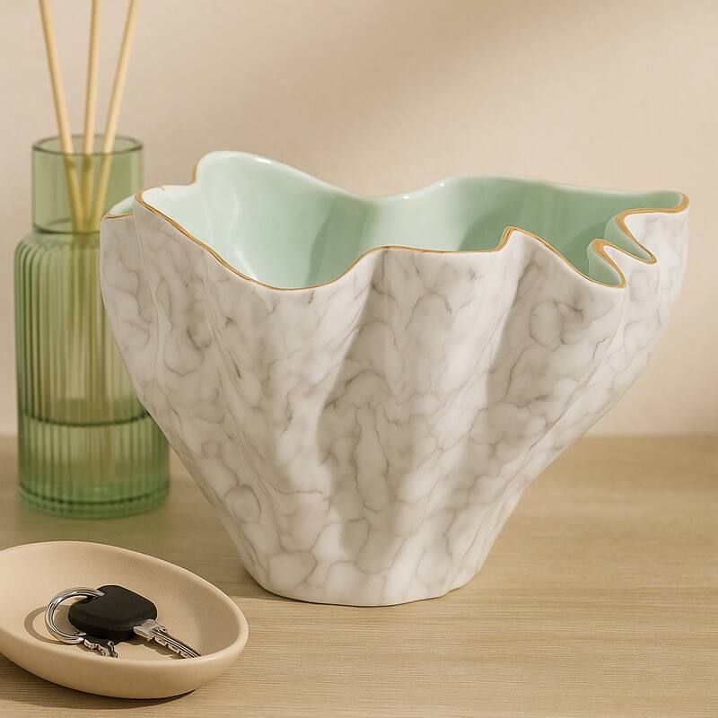 Artistic Abstract Decorative Bowl for Home Decor - 16", Ivory & Gray - 16.0"
