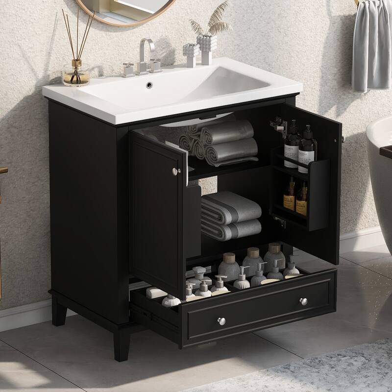 30" Bathroom Vanity with Sink Combo, Multi-functional Bathroom Cabinet with Doors and Drawer, Solid Frame and MDF Board - Black