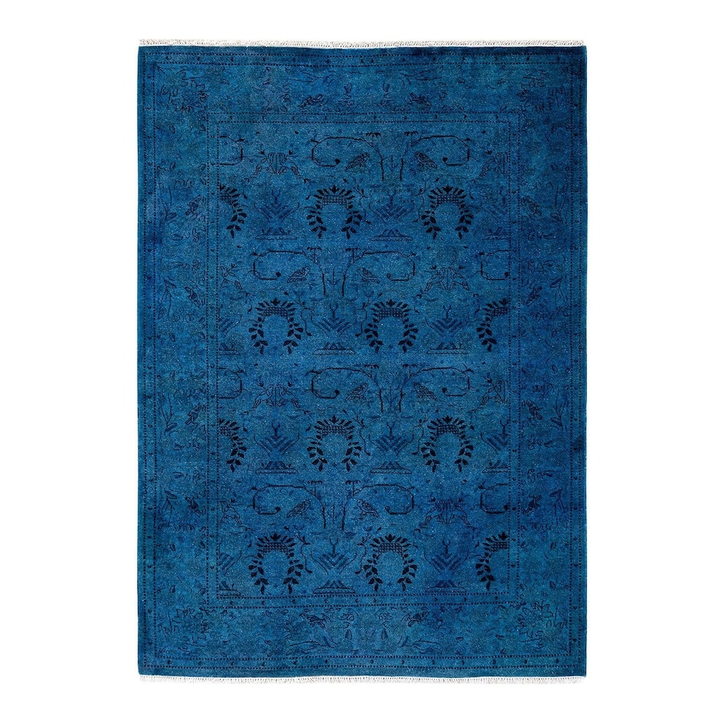 Overton Hand Knotted Wool Vintage Inspired Modern Contemporary Overdyed Blue Area Rug - 4' 2" x 5' 10"