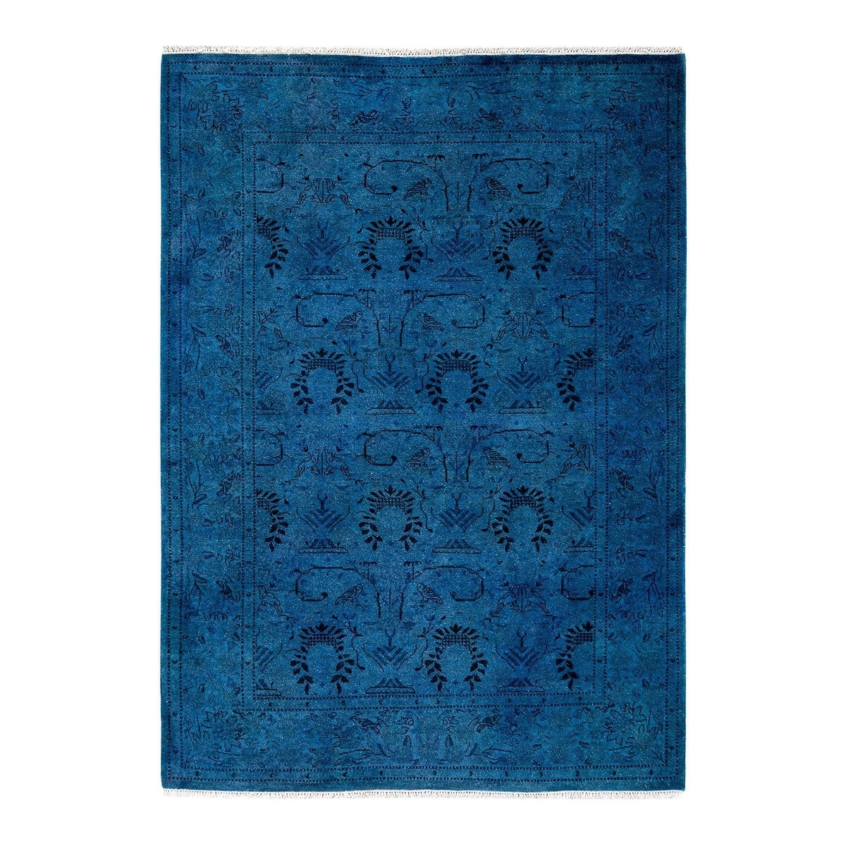 Overton Hand Knotted Wool Vintage Inspired Modern Contemporary Overdyed Blue Area Rug - 4' 2" x 5' 10"