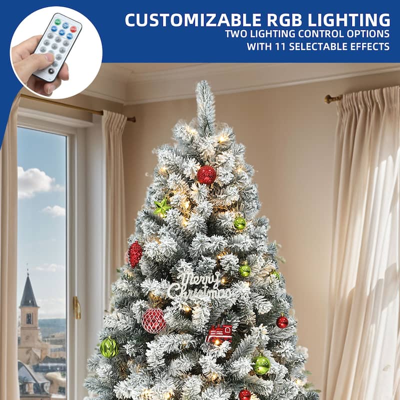 6 /7.5 /9 ft Prelit Snow Flocked Christmas Tree with Remote, 11 Light Modes & Foldable Base