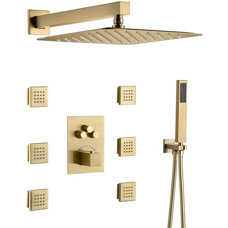 12" In Wall Rainfall 3 Way Thermostatic Faucet Shower System w/ 6 Body Jets - Brushed Gold