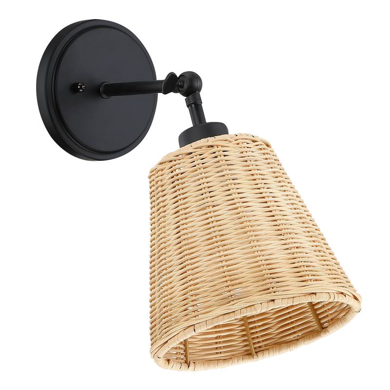 1-Light Boho Natural Rattan Hardwired Wall Sconce with Adjustable Swivel Swing Arm