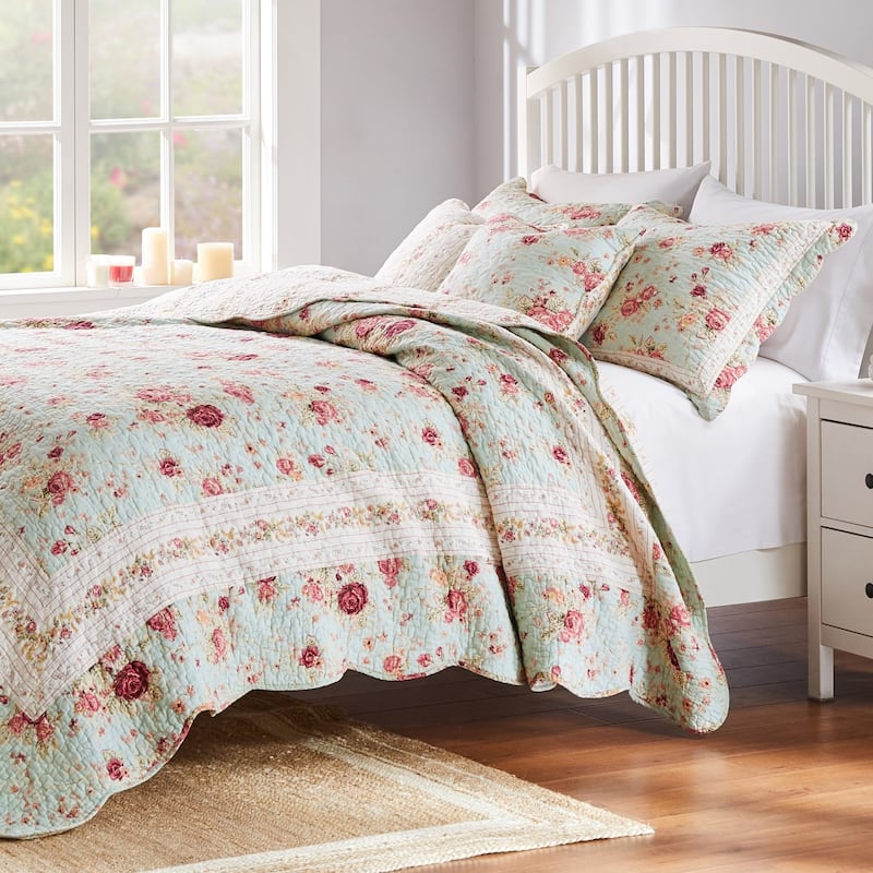Greenland Home Fashions Antique Rose All-Cotton Reversible Quilt Set - Blue (4-Piece Set) - Twin - Twin XL