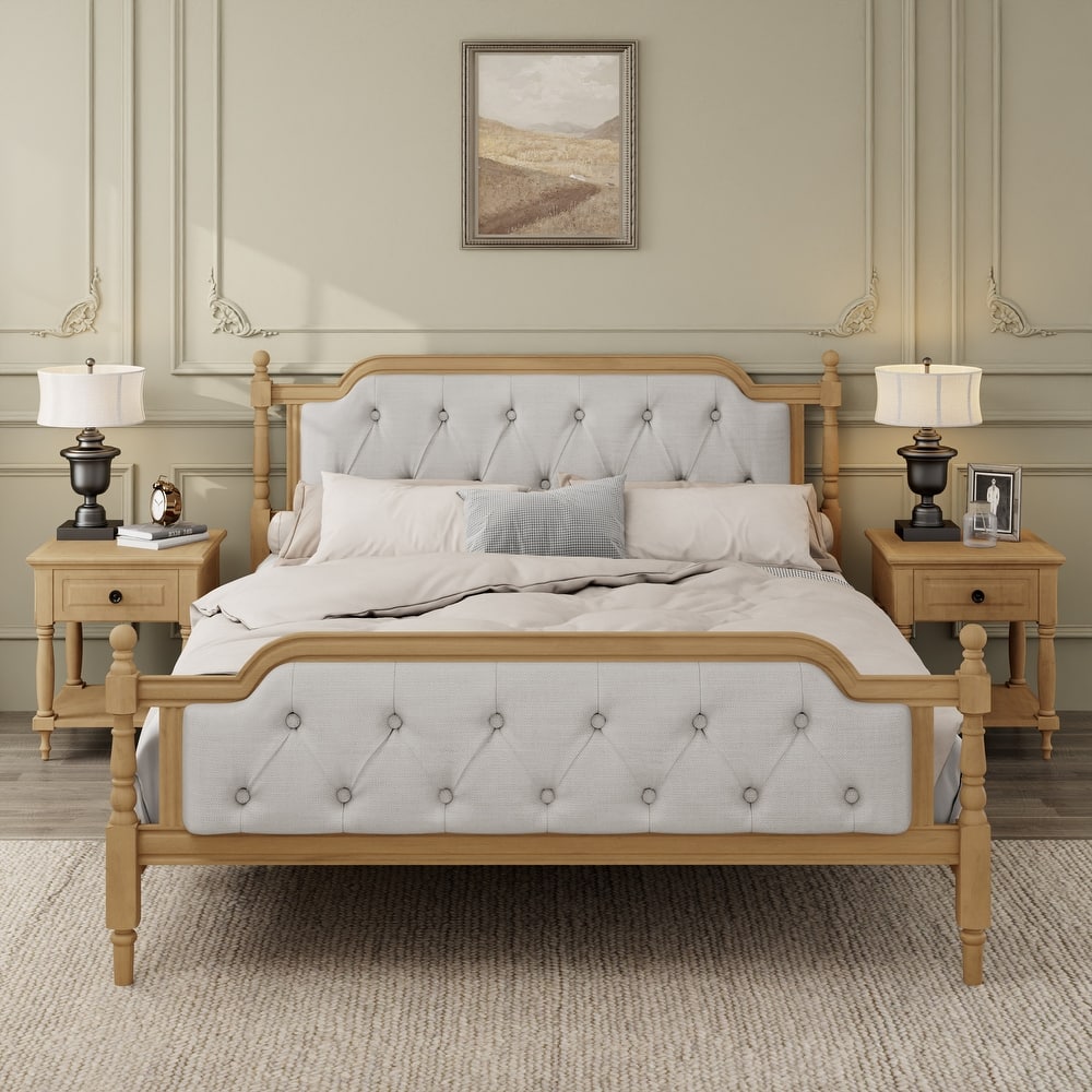 Wooden Platform Bed with Tufted Upholstered Headboard Footboard, No Box Spring Needed, Wood Slat Support Low Profile Bed