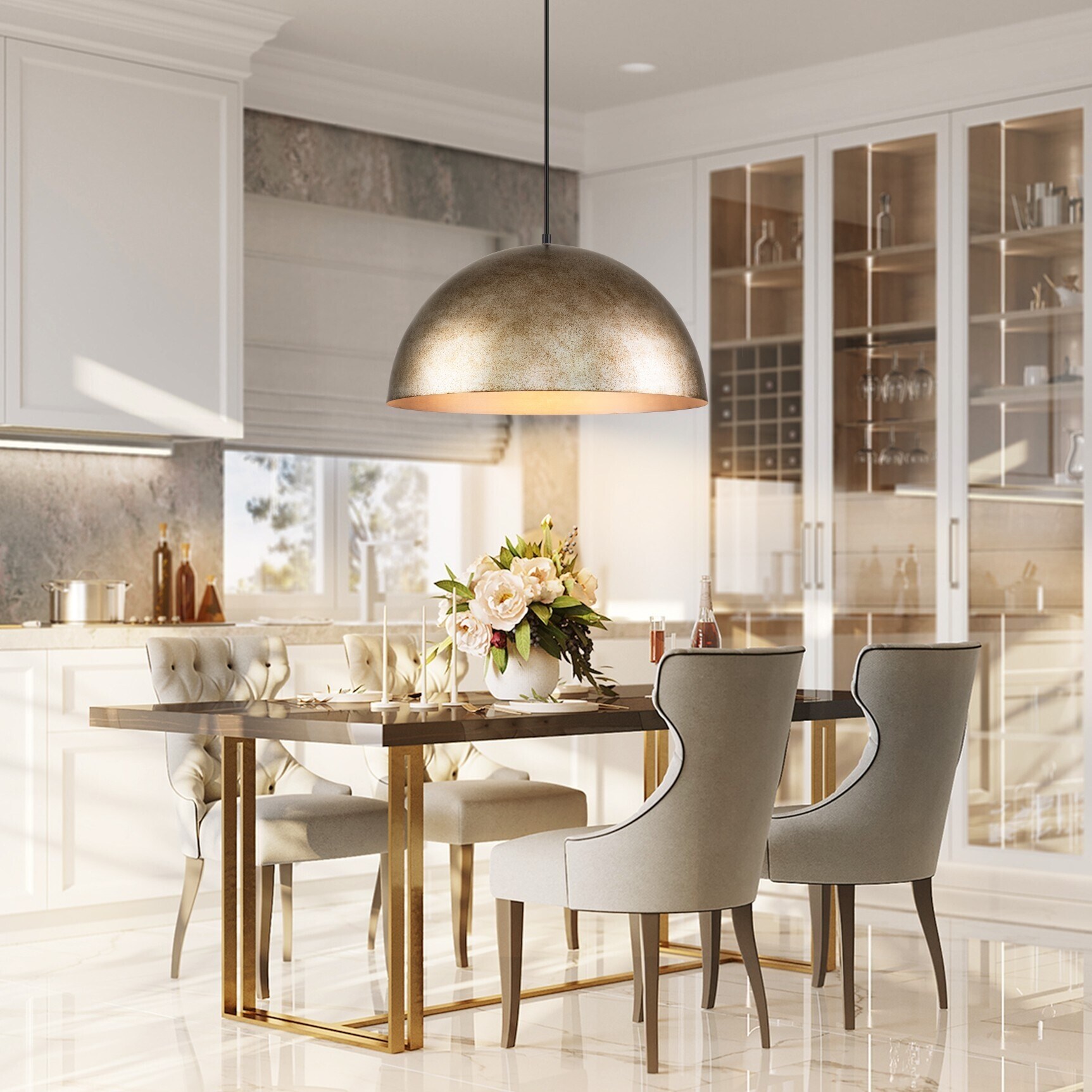 1-Light Industrial Distressed Brass with Gold Leaf Bowl Oversized Dome  Pendant Light/ Gold Kitchen Island Lighting