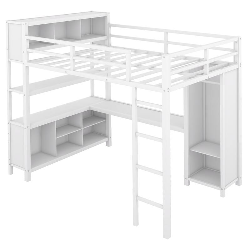Full Size Metal Loft Bed with Wardrobe And L-shaped Desk, Storage Cubes and Shelves for Kids, Teens, Adults